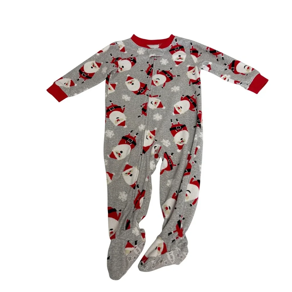 Carters Kids Gray Santa Claus Fleece Footed Pajamas 18M Christmas PJs Sleepwear